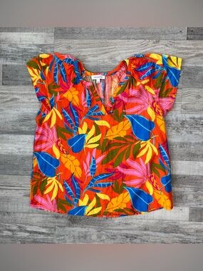 Calligraphie Colorful Linen Flutter Sleeve Top Size Large Botanical M9